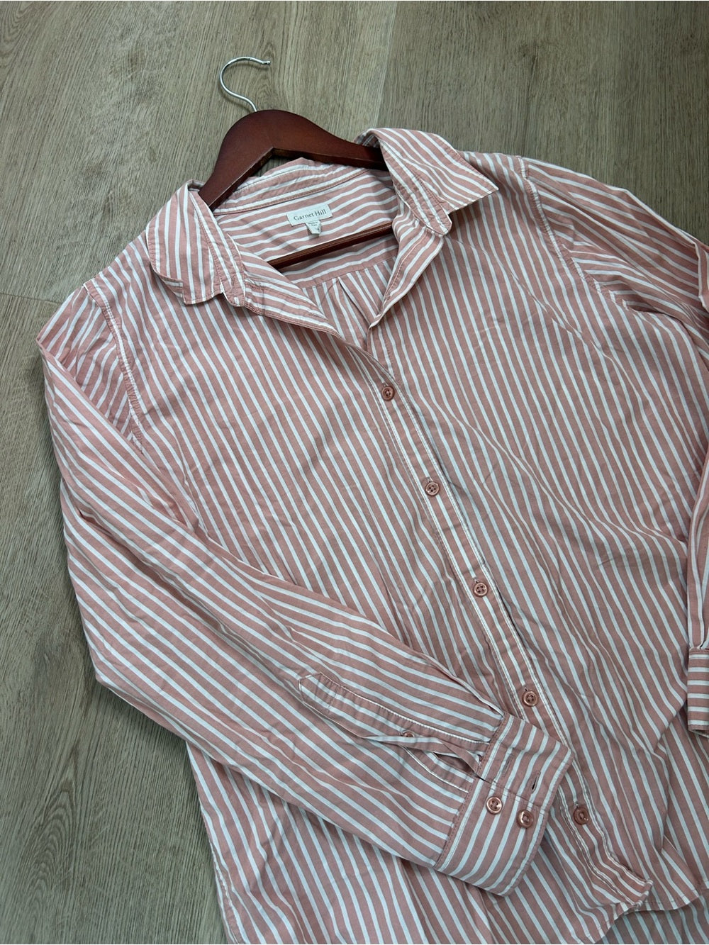 Garnet Hill 100% Organic Cotton Pink White Poplin Striped Button Down Top