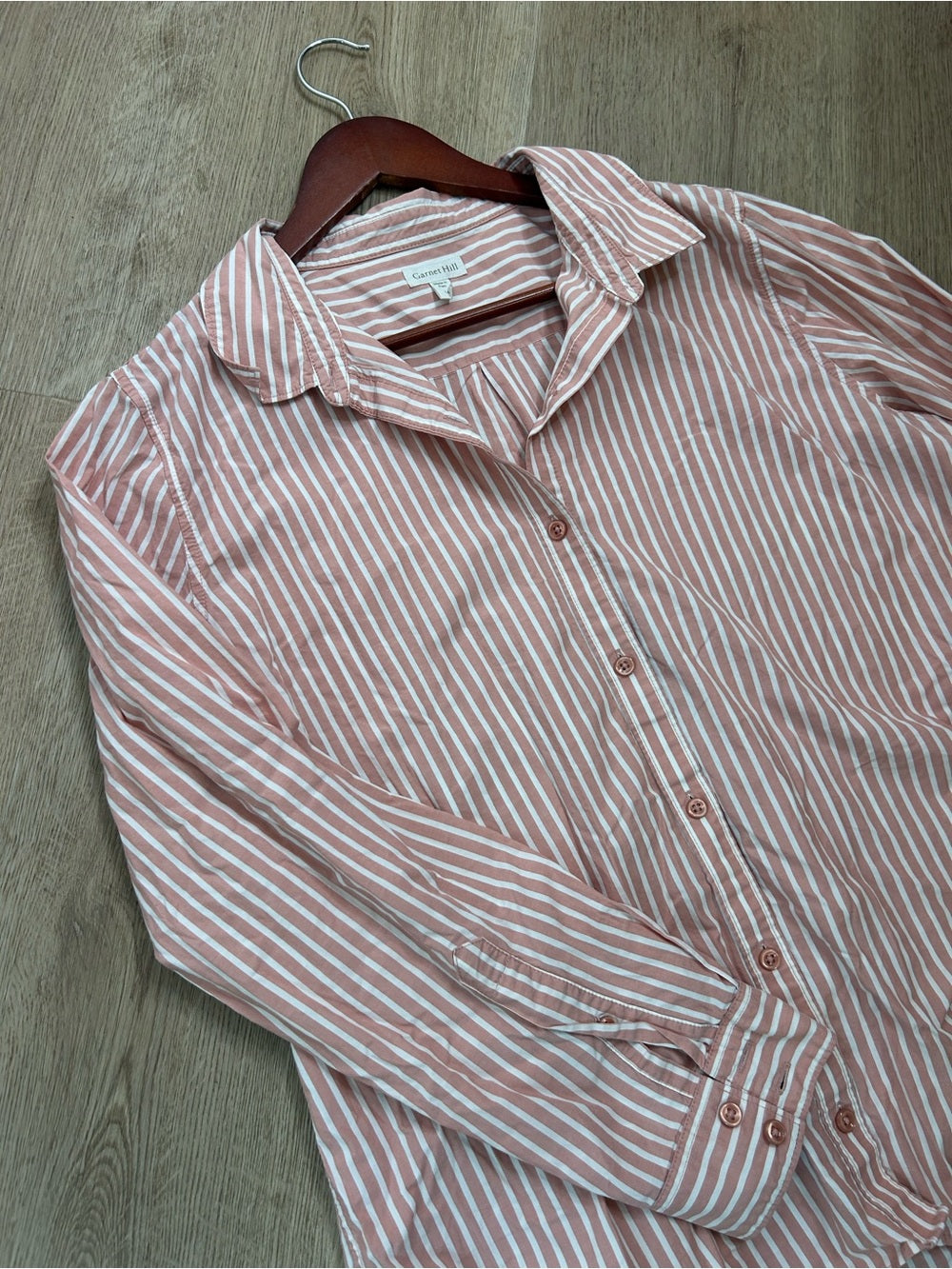 Garnet Hill 100% Organic Cotton Pink White Poplin Striped Button Down Top