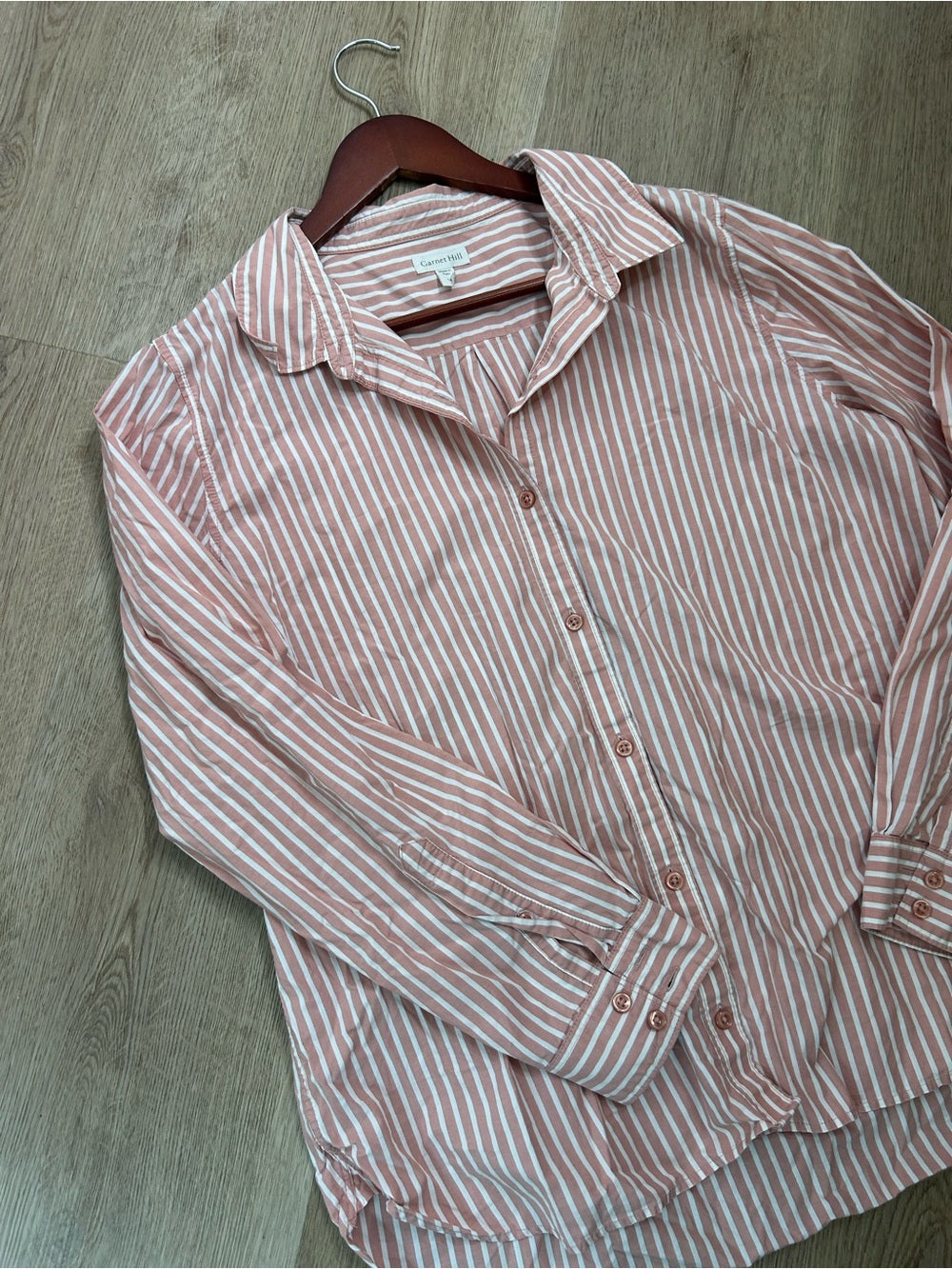 Garnet Hill 100% Organic Cotton Pink White Poplin Striped Button Down Top