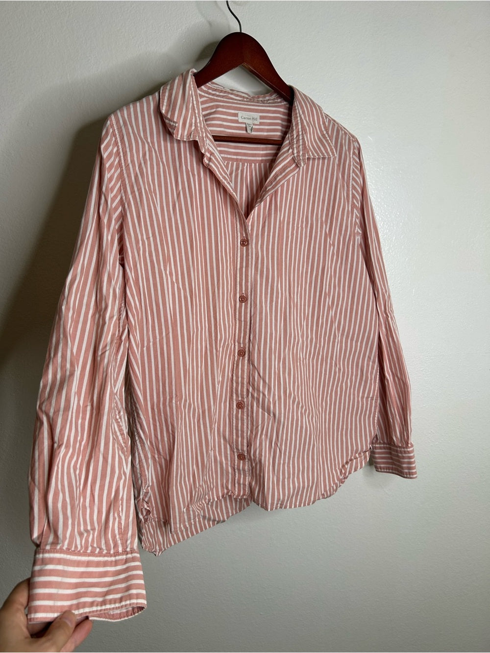 Garnet Hill 100% Organic Cotton Pink White Poplin Striped Button Down Top
