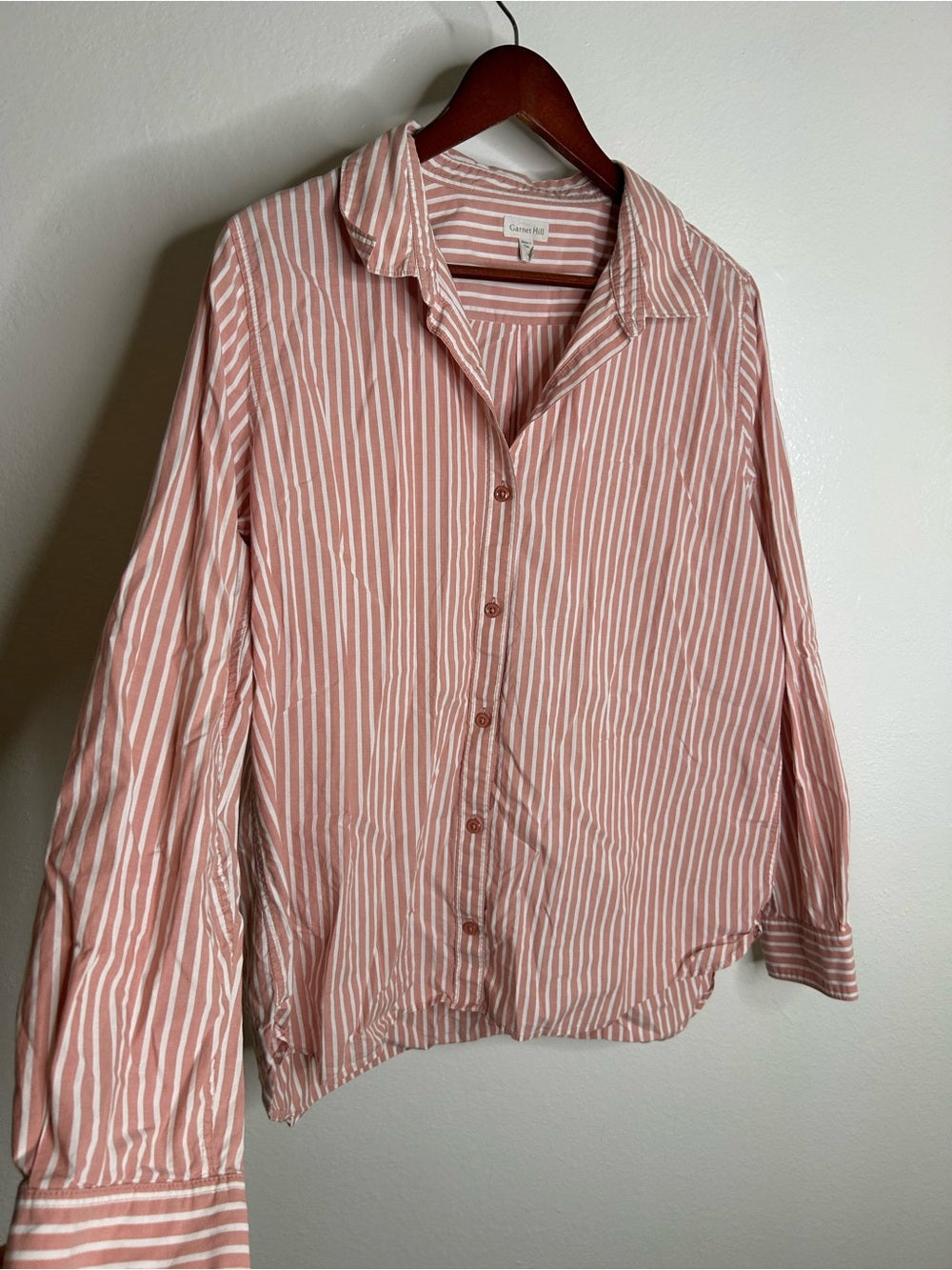 Garnet Hill 100% Organic Cotton Pink White Poplin Striped Button Down Top