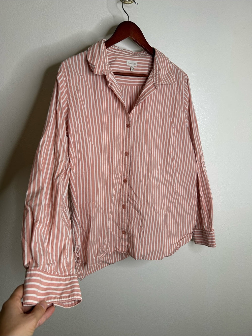 Garnet Hill 100% Organic Cotton Pink White Poplin Striped Button Down Top