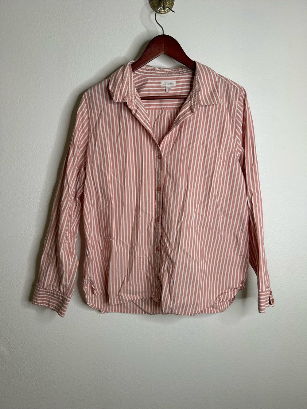 Garnet Hill 100% Organic Cotton Pink White Poplin Striped Button Down Top