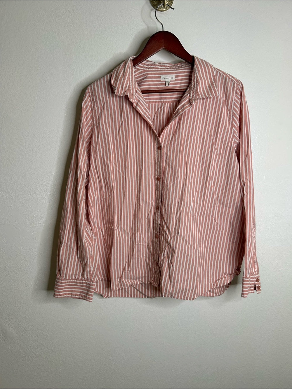 Garnet Hill 100% Organic Cotton Pink White Poplin Striped Button Down Top