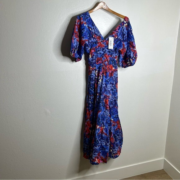 ro&amp;#39;s garden Ro&amp;#39;s Garden 100% Cotton Blue Red Floral Puff Sleeve Nieves Maxi Dress - Cotton