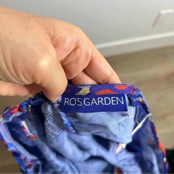 Ro's Garden 100% Cotton Blue Red Floral Puff Sleeve Nieves Maxi Dress