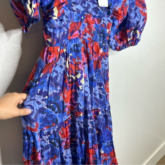 Ro's Garden 100% Cotton Blue Red Floral Puff Sleeve Nieves Maxi Dress