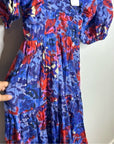 Ro's Garden 100% Cotton Blue Red Floral Puff Sleeve Nieves Maxi Dress
