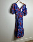 Ro's Garden 100% Cotton Blue Red Floral Puff Sleeve Nieves Maxi Dress