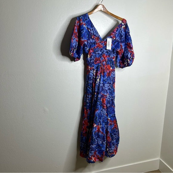 ro&amp;#39;s garden Ro&amp;#39;s Garden 100% Cotton Blue Red Floral Puff Sleeve Nieves Maxi Dress - Cotton