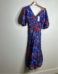 Ro's Garden 100% Cotton Blue Red Floral Puff Sleeve Nieves Maxi Dress