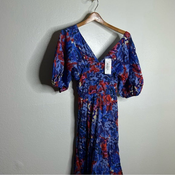 ro&amp;#39;s garden Ro&amp;#39;s Garden 100% Cotton Blue Red Floral Puff Sleeve Nieves Maxi Dress - Cotton