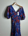 Ro's Garden 100% Cotton Blue Red Floral Puff Sleeve Nieves Maxi Dress
