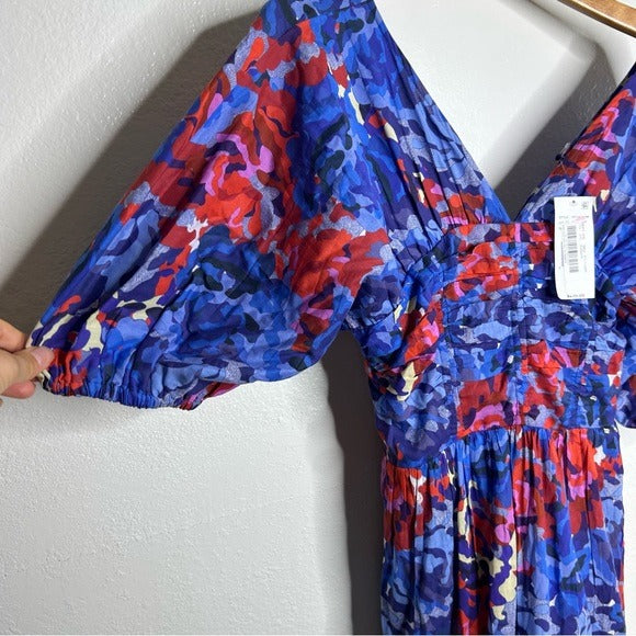 ro&amp;#39;s garden Ro&amp;#39;s Garden 100% Cotton Blue Red Floral Puff Sleeve Nieves Maxi Dress - Cotton