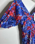 Ro's Garden 100% Cotton Blue Red Floral Puff Sleeve Nieves Maxi Dress