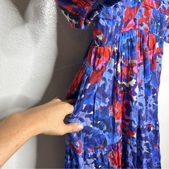 ro&amp;#39;s garden Ro&amp;#39;s Garden 100% Cotton Blue Red Floral Puff Sleeve Nieves Maxi Dress - Cotton