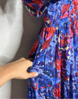 Ro's Garden 100% Cotton Blue Red Floral Puff Sleeve Nieves Maxi Dress