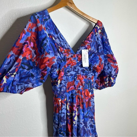 ro&amp;#39;s garden Ro&amp;#39;s Garden 100% Cotton Blue Red Floral Puff Sleeve Nieves Maxi Dress - Cotton