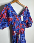 Ro's Garden 100% Cotton Blue Red Floral Puff Sleeve Nieves Maxi Dress