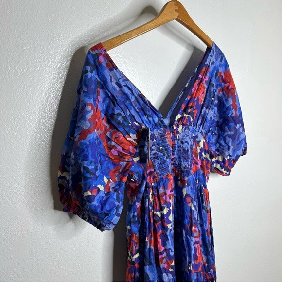 Ro's Garden 100% Cotton Blue Red Floral Puff Sleeve Nieves Maxi Dress