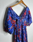 Ro's Garden 100% Cotton Blue Red Floral Puff Sleeve Nieves Maxi Dress