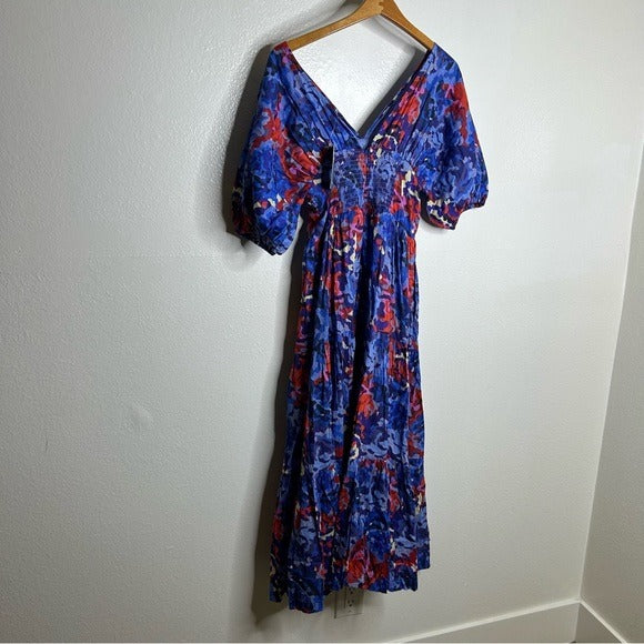 Ro's Garden 100% Cotton Blue Red Floral Puff Sleeve Nieves Maxi Dress