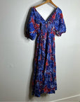 Ro's Garden 100% Cotton Blue Red Floral Puff Sleeve Nieves Maxi Dress