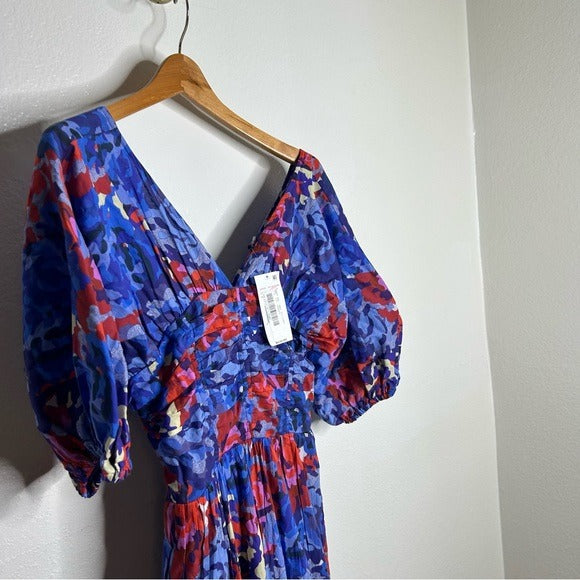 Ro's Garden 100% Cotton Blue Red Floral Puff Sleeve Nieves Maxi Dress