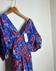 Ro's Garden 100% Cotton Blue Red Floral Puff Sleeve Nieves Maxi Dress