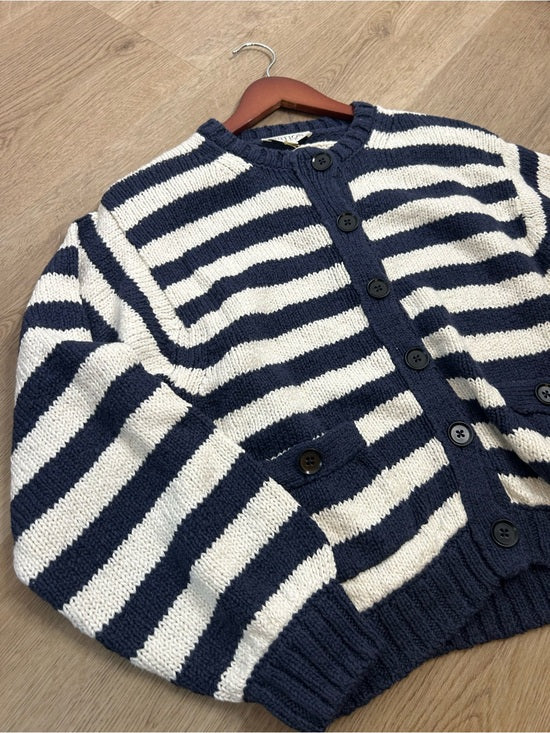 Nation LA 100% Cotton Chunky Knit Navy Striped Button Down Cardigan Sweater