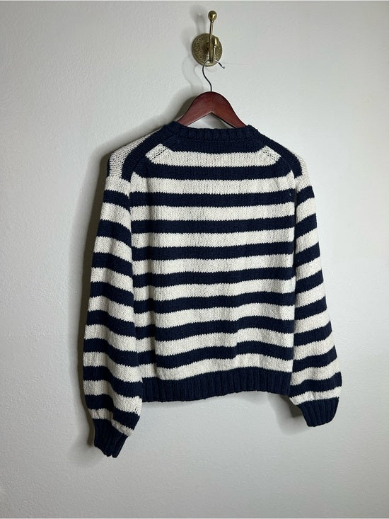 Nation LA 100% Cotton Chunky Knit Navy Striped Button Down Cardigan Sweater