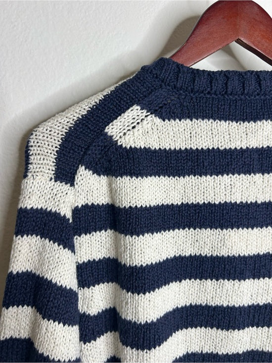 Nation LA 100% Cotton Chunky Knit Navy Striped Button Down Cardigan Sweater
