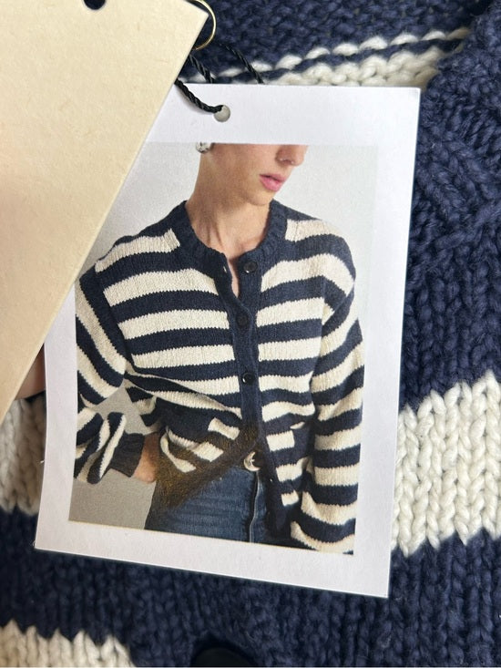 Nation LA 100% Cotton Chunky Knit Navy Striped Button Down Cardigan Sweater