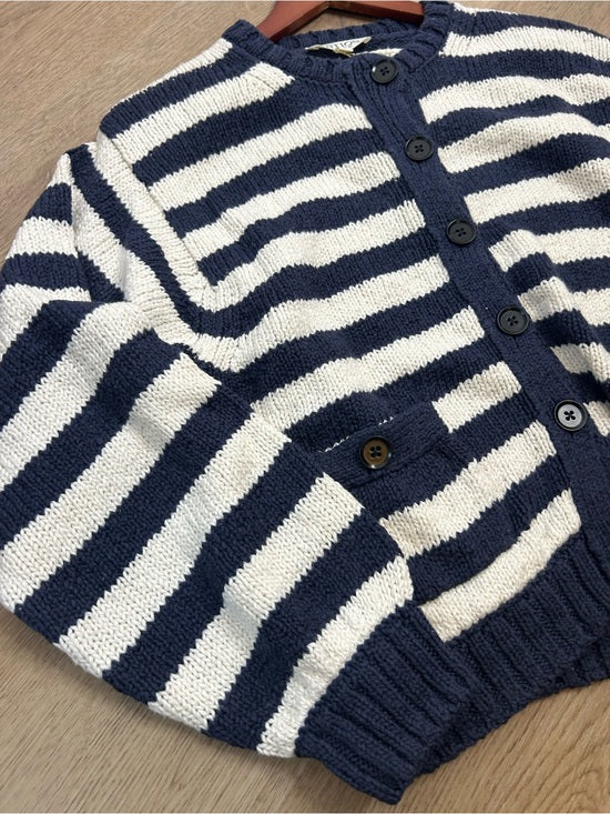 Nation LA 100% Cotton Chunky Knit Navy Striped Button Down Cardigan Sweater