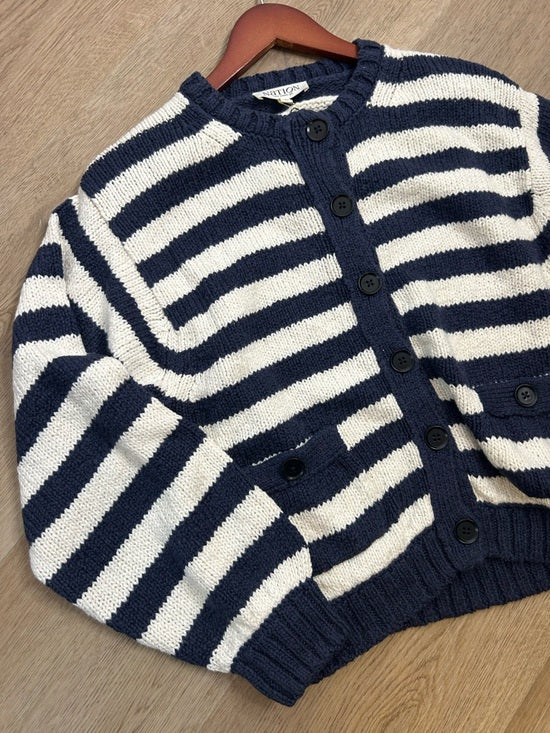 Nation LA 100% Cotton Chunky Knit Navy Striped Button Down Cardigan Sweater