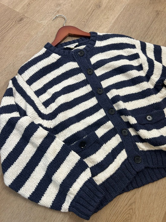 Nation LA 100% Cotton Chunky Knit Navy Striped Button Down Cardigan Sweater