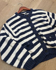 Nation LA 100% Cotton Chunky Knit Navy Striped Button Down Cardigan Sweater