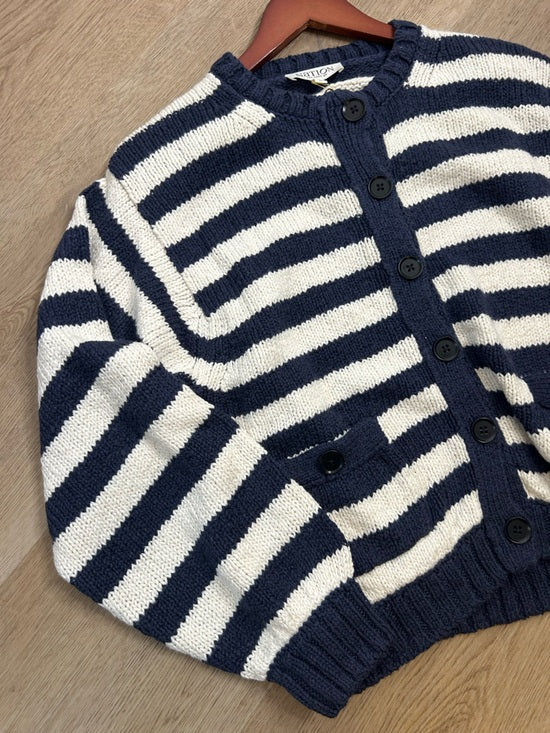 Nation LA 100% Cotton Chunky Knit Navy Striped Button Down Cardigan Sweater