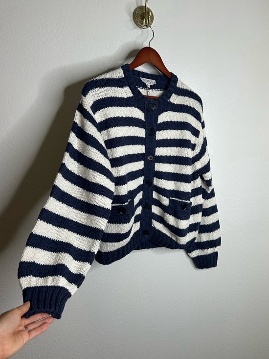 Nation LA 100% Cotton Chunky Knit Navy Striped Button Down Cardigan Sweater
