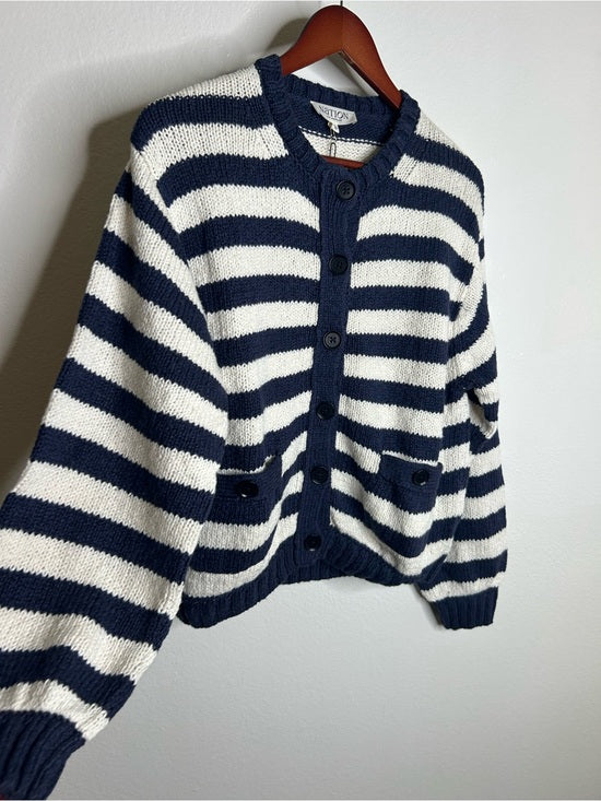 Nation LA 100% Cotton Chunky Knit Navy Striped Button Down Cardigan Sweater