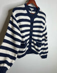 Nation LA 100% Cotton Chunky Knit Navy Striped Button Down Cardigan Sweater