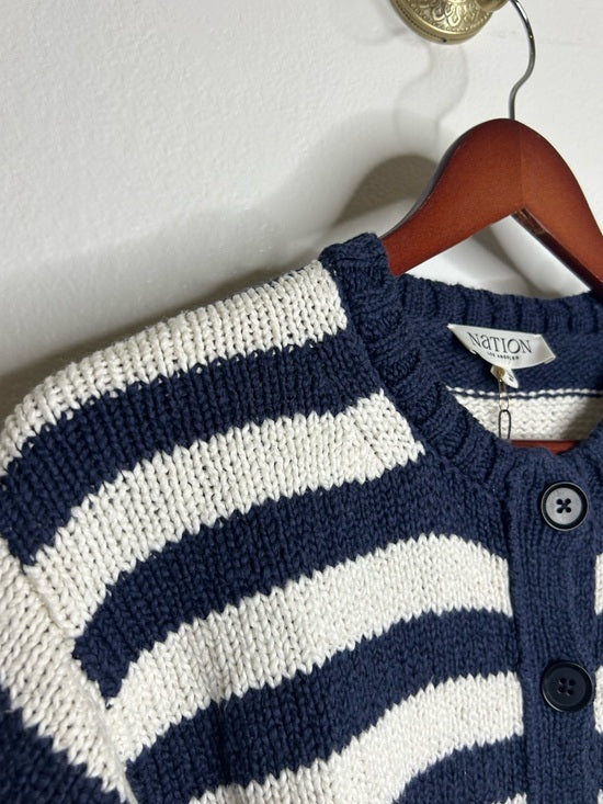 Nation LA 100% Cotton Chunky Knit Navy Striped Button Down Cardigan Sweater