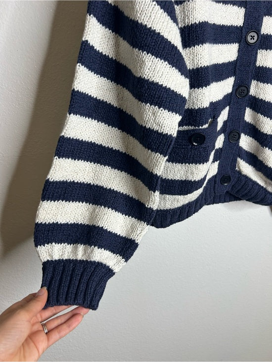 Nation LA 100% Cotton Chunky Knit Navy Striped Button Down Cardigan Sweater