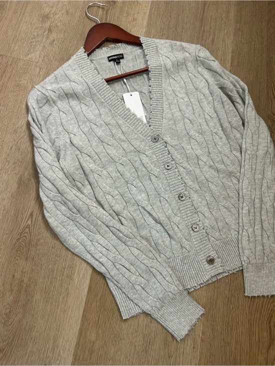 Minnie Rose 100% Cotton Heather Gray Cable Knit Distressed Button Down Cardigan