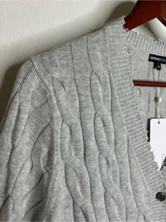 Minnie Rose 100% Cotton Heather Gray Cable Knit Distressed Button Down Cardigan