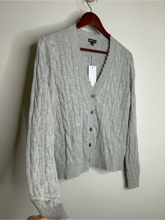 Minnie Rose 100% Cotton Heather Gray Cable Knit Distressed Button Down Cardigan