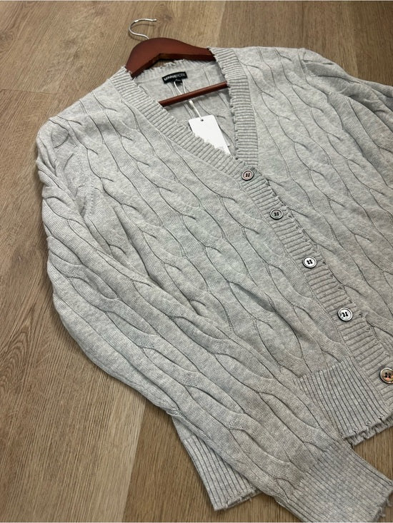 Minnie Rose 100% Cotton Heather Gray Cable Knit Distressed Button Down Cardigan
