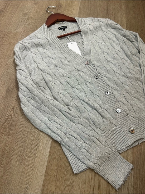 Minnie Rose 100% Cotton Heather Gray Cable Knit Distressed Button Down Cardigan