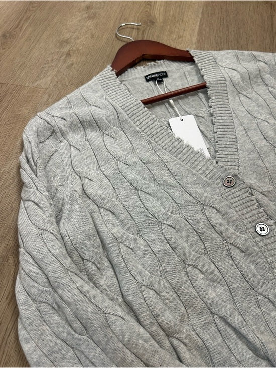 Minnie Rose 100% Cotton Heather Gray Cable Knit Distressed Button Down Cardigan