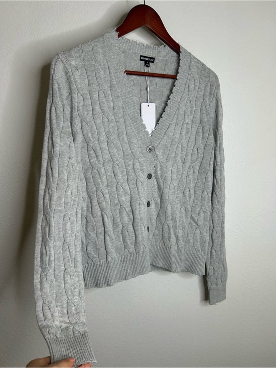 Minnie Rose 100% Cotton Heather Gray Cable Knit Distressed Button Down Cardigan
